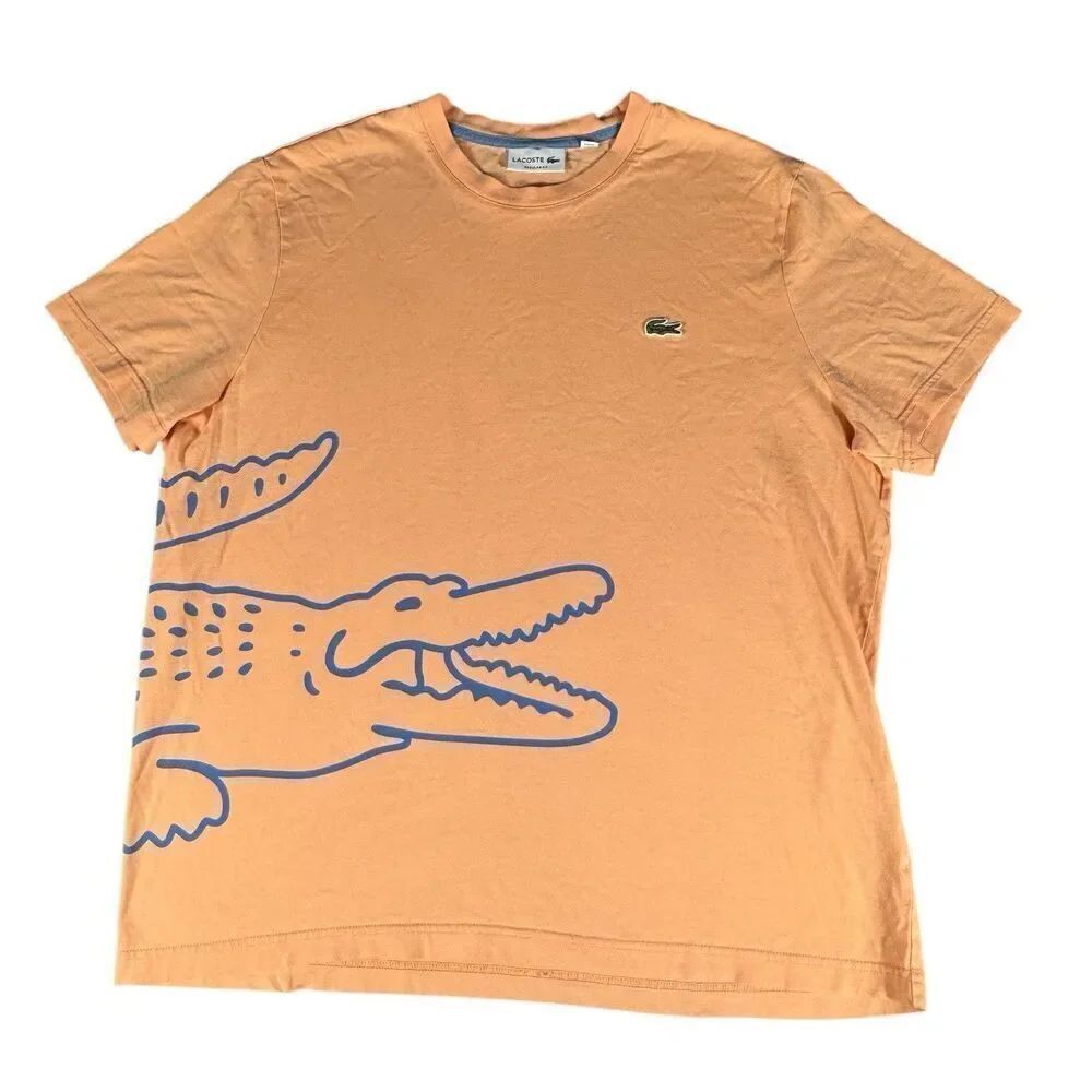 Lacoste Sz L Sleeve Tee Shirt Crocodile Print Organic Cotton Blue Light Orange